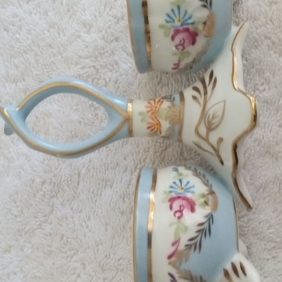Vintage Limoges China Double Open Salt Server w Handle Blue w Flowers Porcelain - Picture 8 of 13